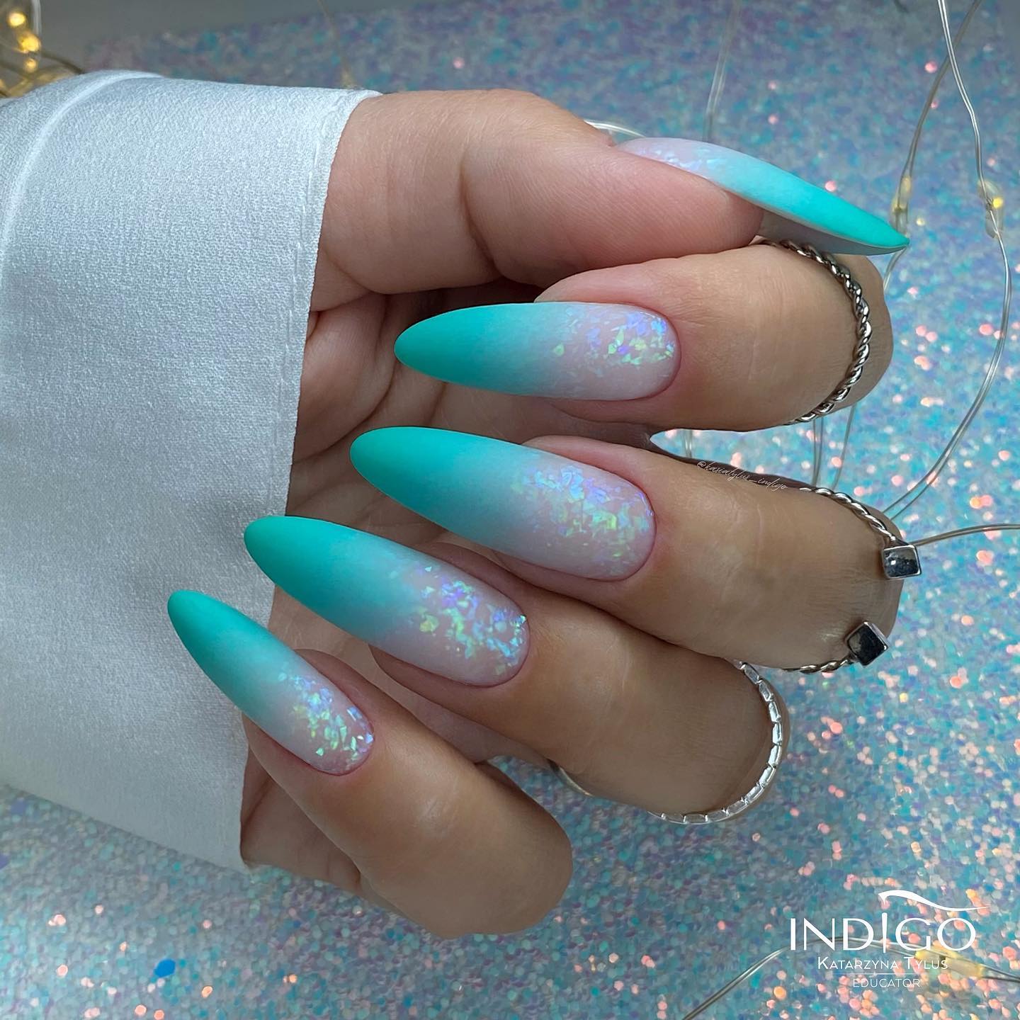 Long Aqua Matte Glitter Nails