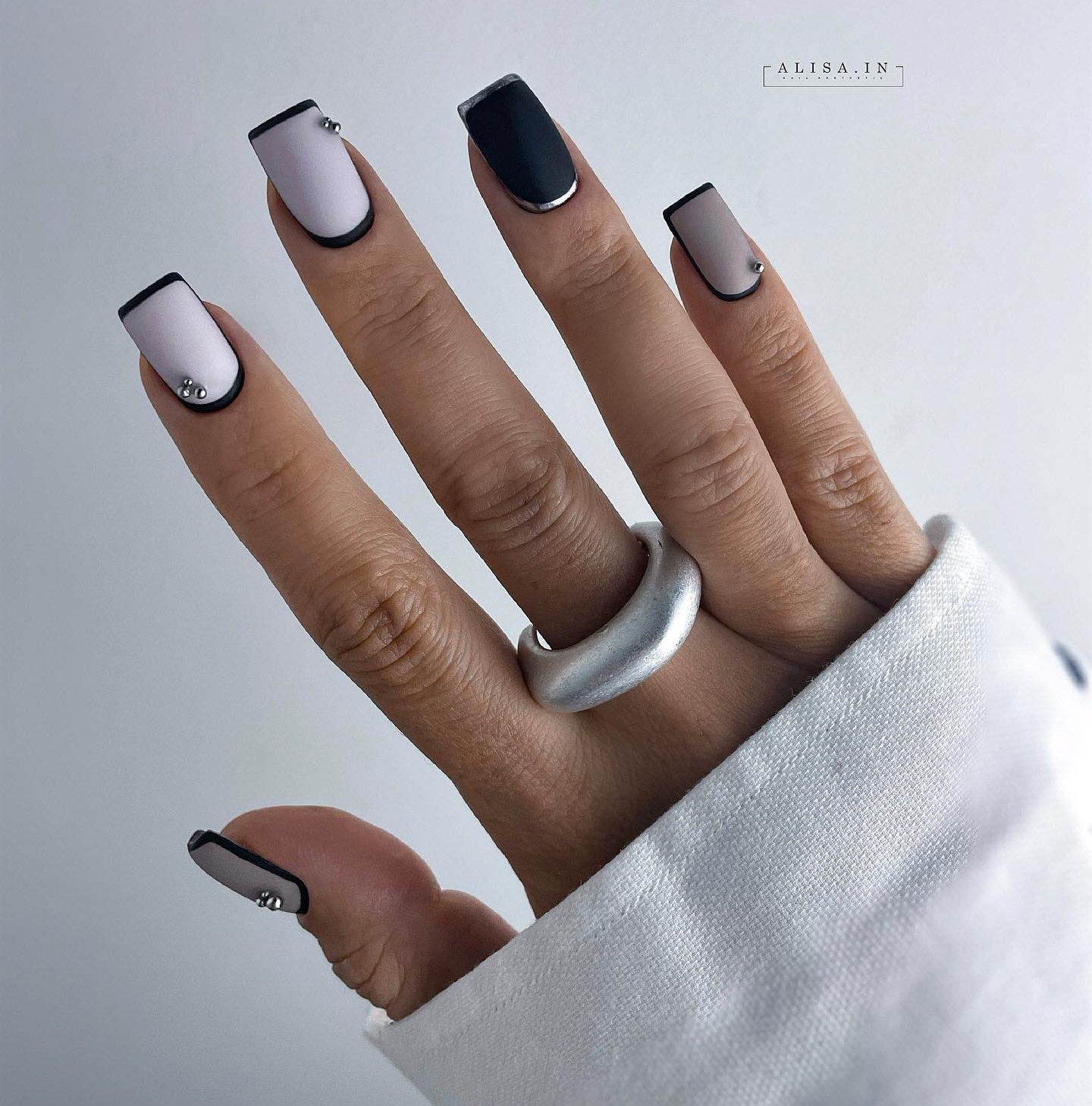Square Nails with Black Tips and White Nail Base