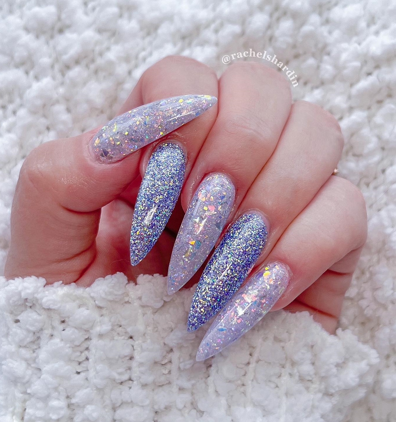Long Glitter Blue Stiletto Nails