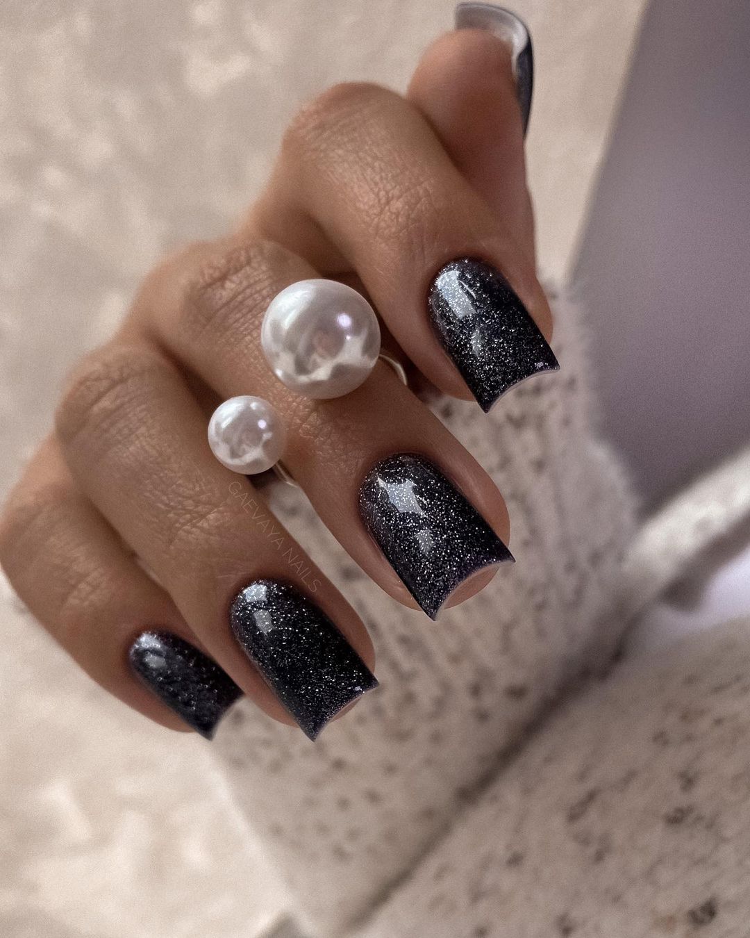 Square Black Glitter Nails