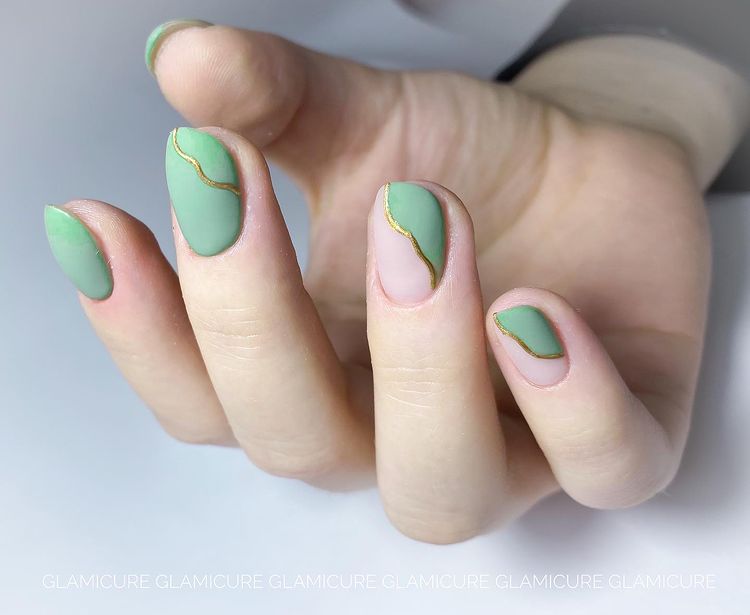 Short Matte Olive Green Nails with Gold Lines
