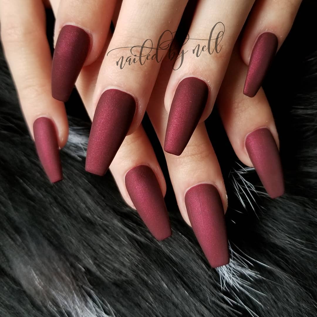 Coffin Burgundy Matte Nails