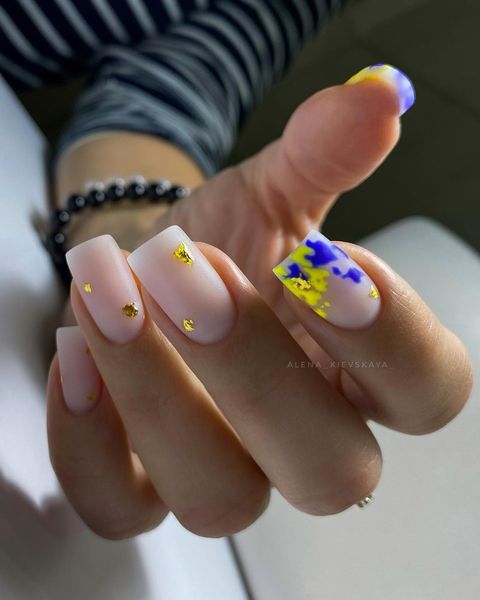 Acrylic Square Matte Nails with Gold Foil