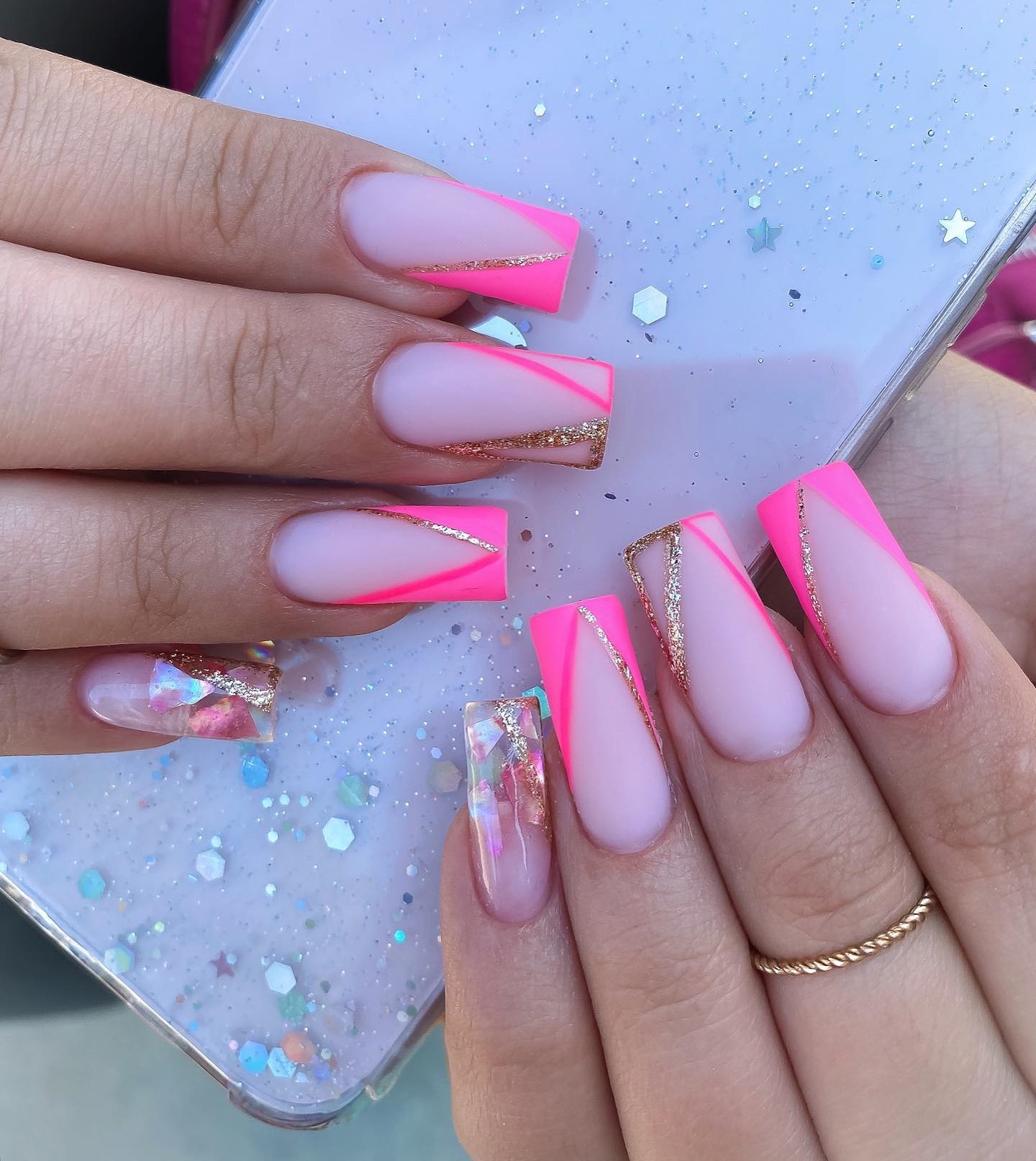 Long Square Matte French Nails with Glitter Design