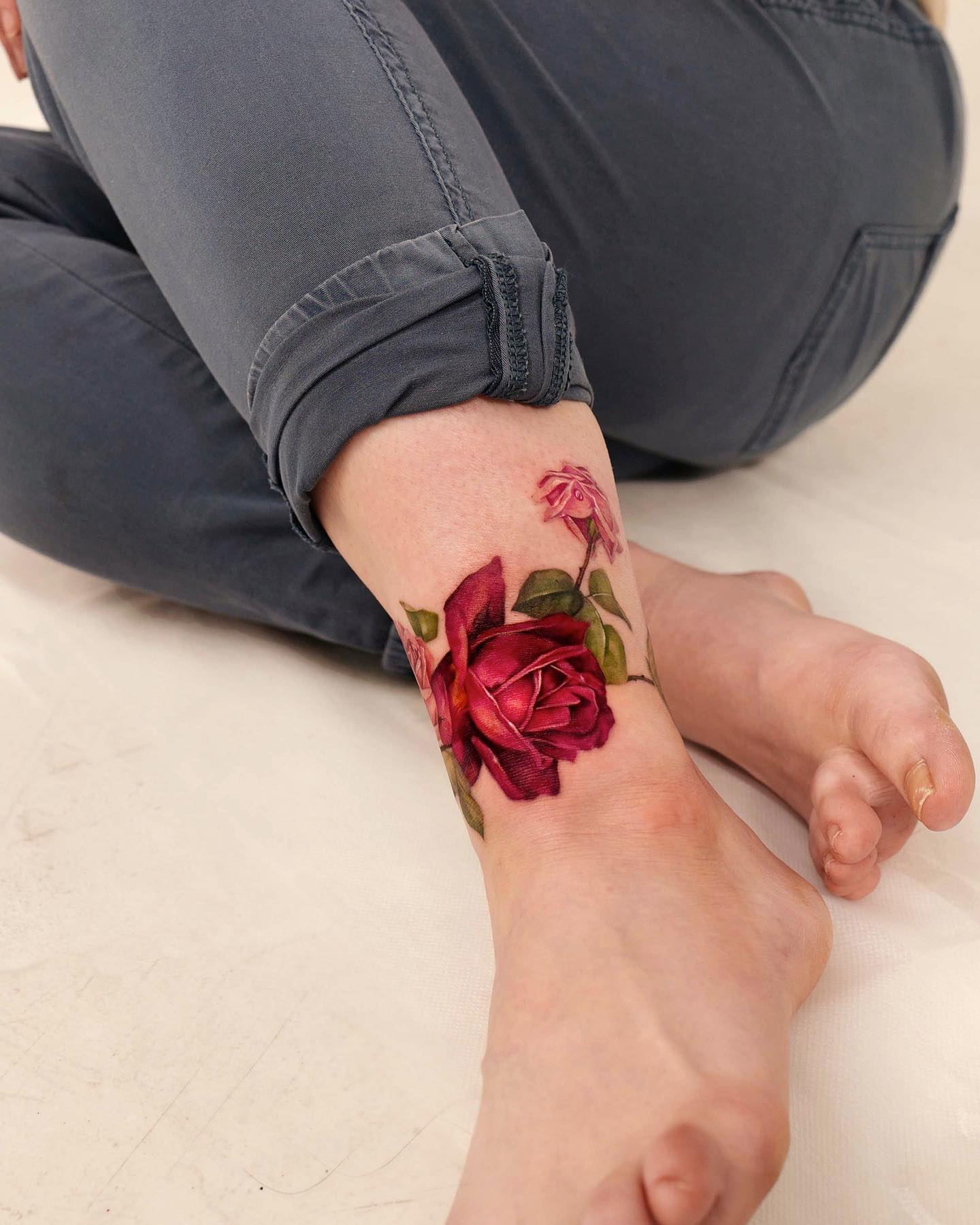 Red Rose Tattoo on Ankle