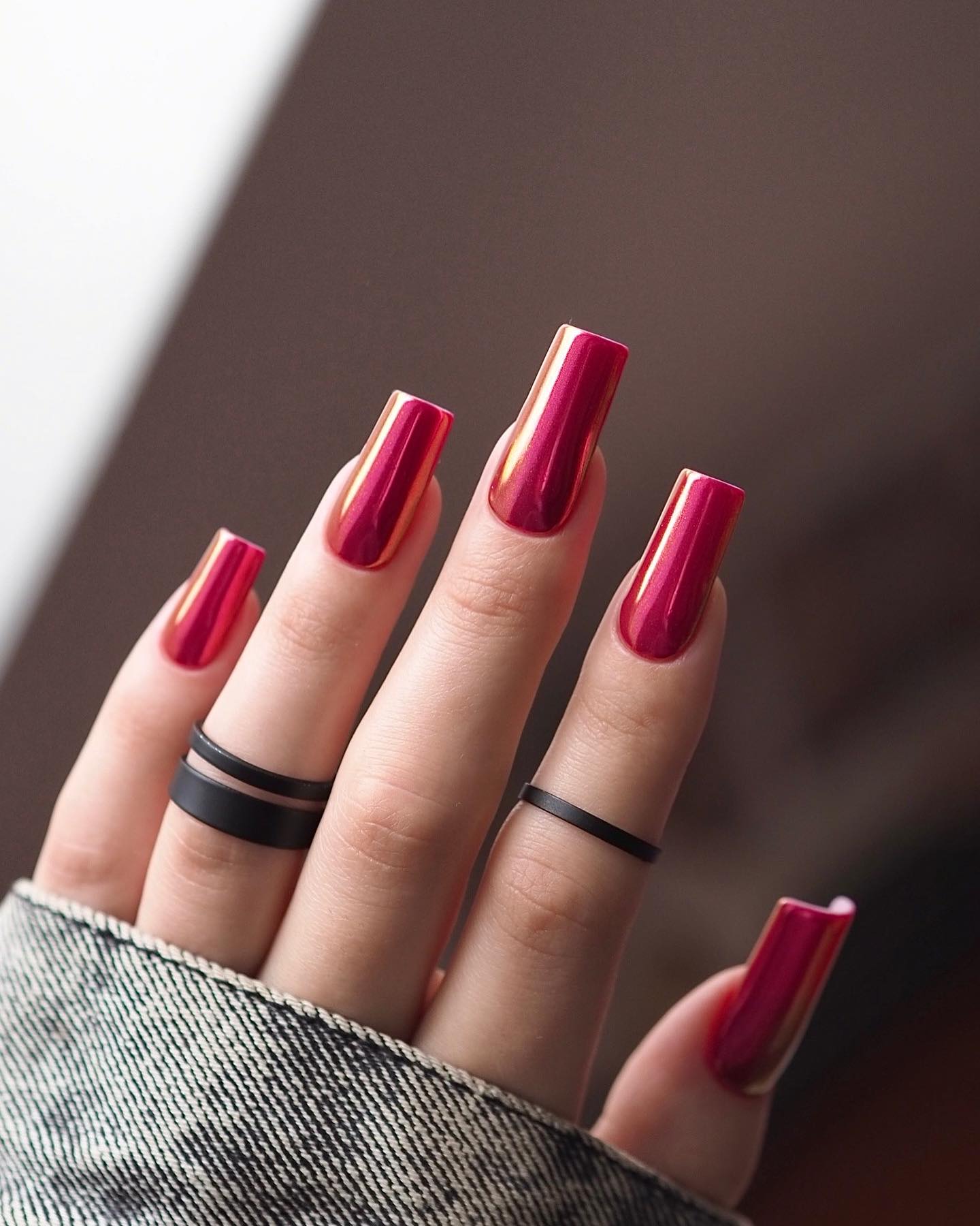 Long Square Red Chrome Nails